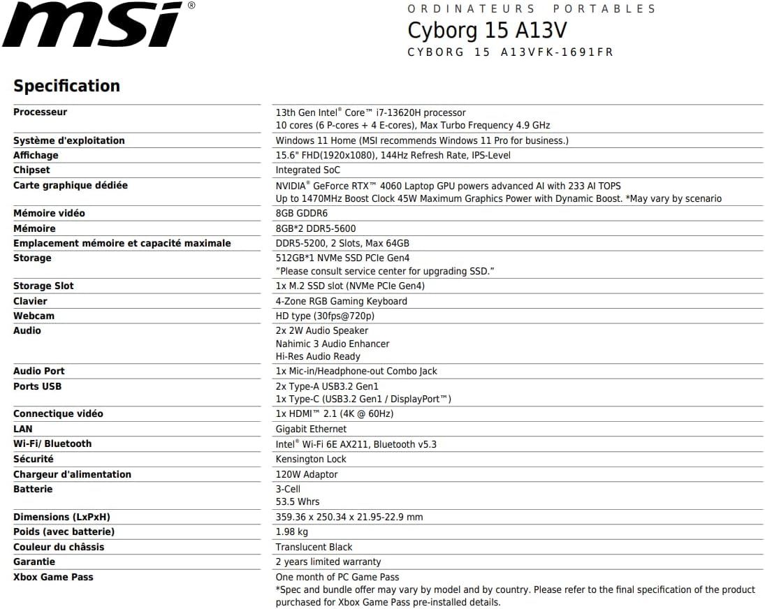 MSI Cyborg 15 A13VFK-1691FR: Intel Core i7 13620H - 16GB DDR5 - SSD 512GB - Nvidia RTX4060 8GB - 15,6" Full HD 144Hz - Windows 11 Home