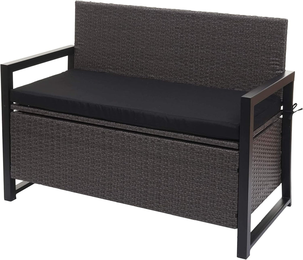 Banco de jardín Mendler Poly-Rattan 2 plazas HWC-F39AM, banco arcón, compartimento de almacenamiento con cojín - gris, cojines negros