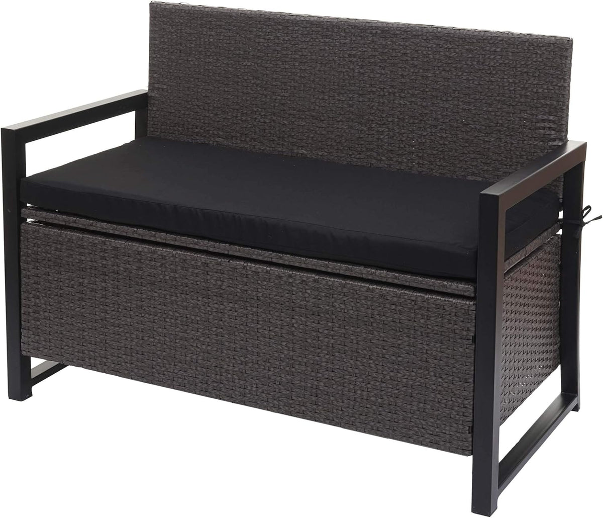 Banco de jardín Mendler Poly-Rattan 2 plazas HWC-F39AM, banco arcón, compartimento de almacenamiento con cojín - gris, cojines negros