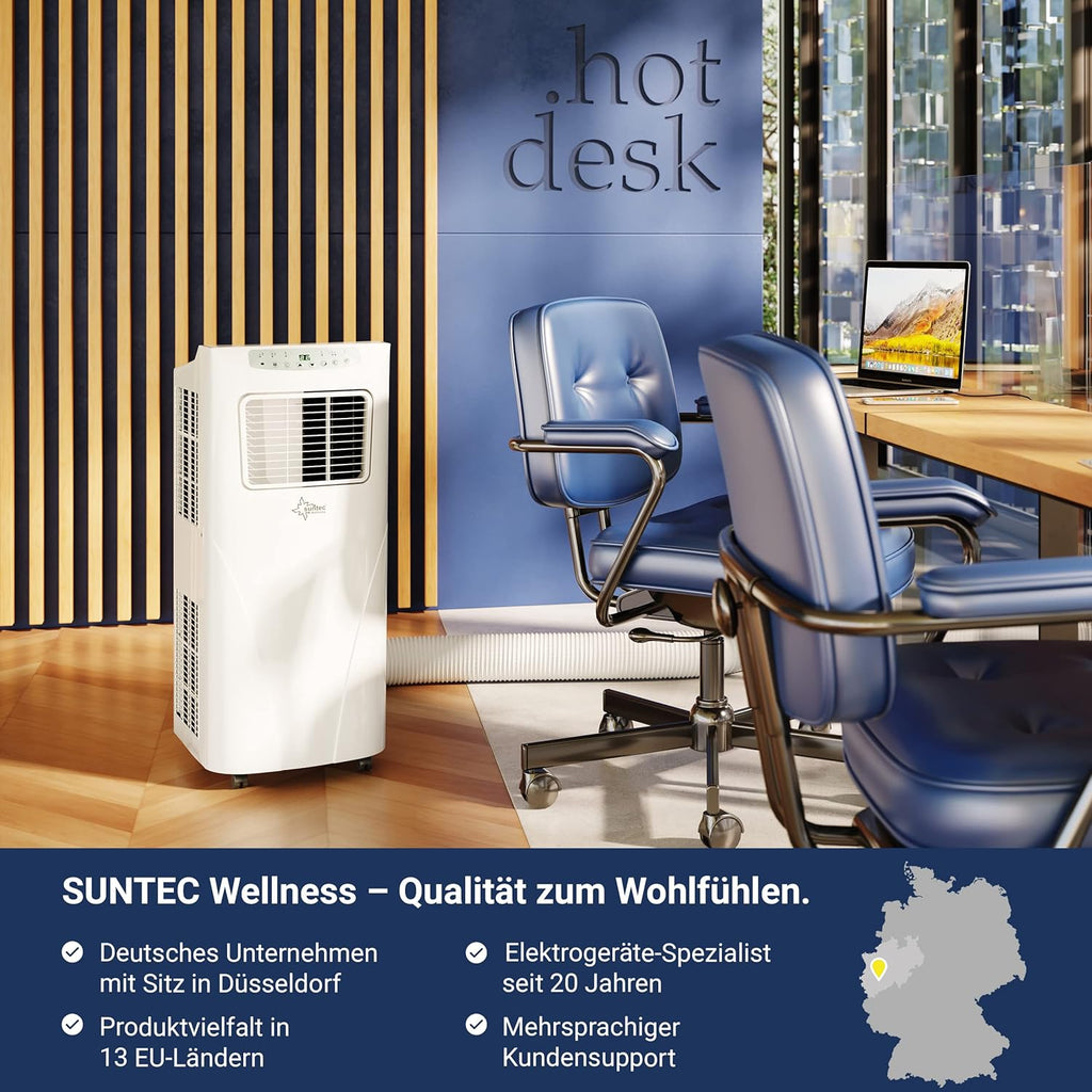 SUNTEC Aire acondicionado portátil Impuls 2.6 Eco R290 – Aire acondicionado móvil y silencioso con tubo de escape – Enfriador y deshumidificador para habitaciones de hasta 34 m² – Refrigeración móvil para hogar y oficina – 9.000 BTU | 2600 vatios