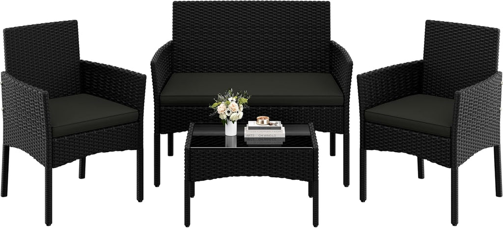 Yaheetech Set de muebles de jardín de 4 piezas, conjunto de muebles de balcón de poliratán para exterior con sofá de 2 plazas, 2 sillas, mesa y cojines para terraza/balcón/jardín, negro y gris
