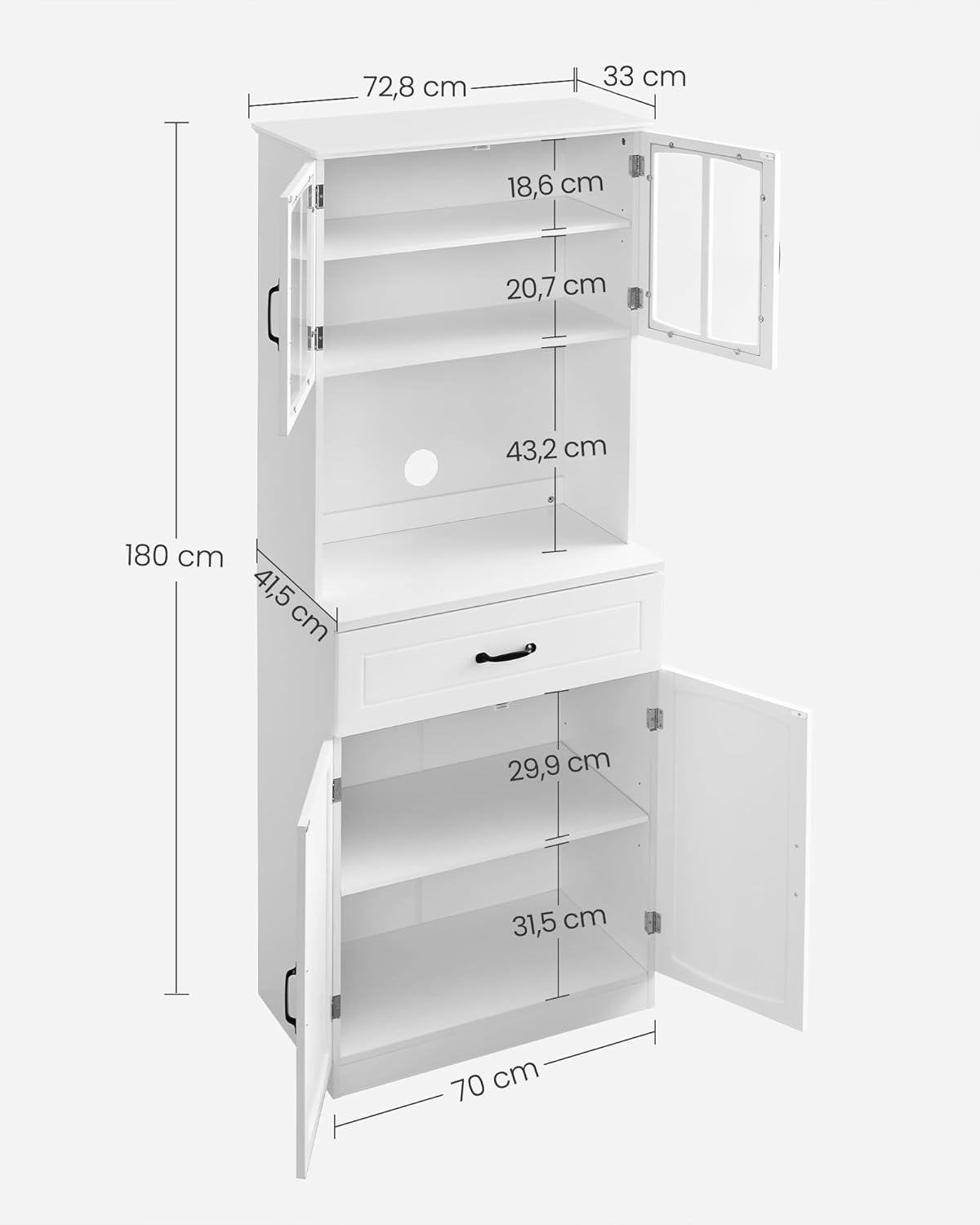 VASAGLE Armario de cocina, armario multiusos, armario de despensa, con estantes ajustables, apto para microondas, cajón, puertas de cristal, orificio para cables, estilo moderno, blanco LSC361W21