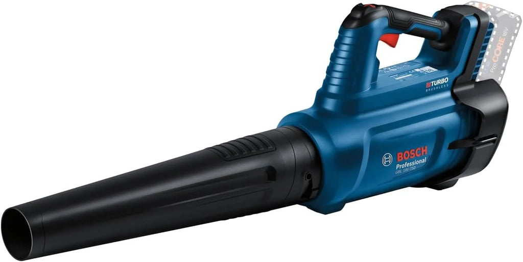 Bosch Professional system 18V: akumulatorowa dmuchawa BITURBO GBL 18V-750 (objętość przepływu 780 m³/h, prędkość przepływu powietrza do 198 km/h, regulacja prędkości obrotowej)
