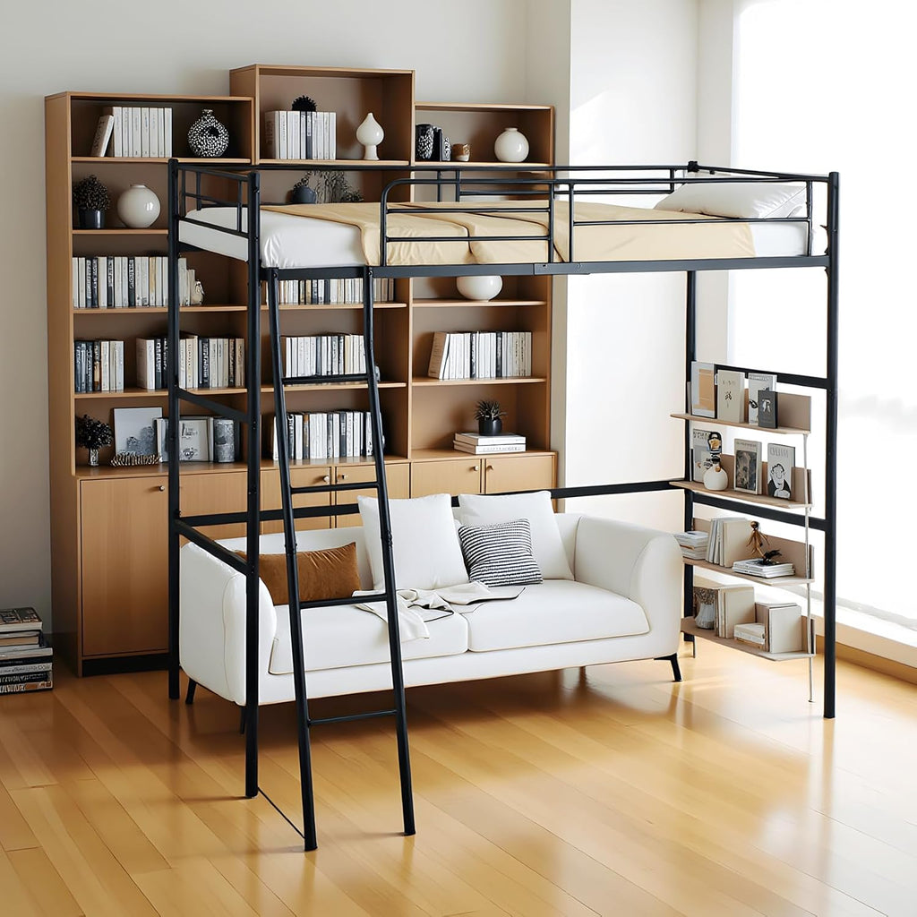 Cama alta de 90x200 cm, estructura de cama infantil, cama de metal, litera con barrera y escalera inclinada, para adultos, adolescentes y niños, negro