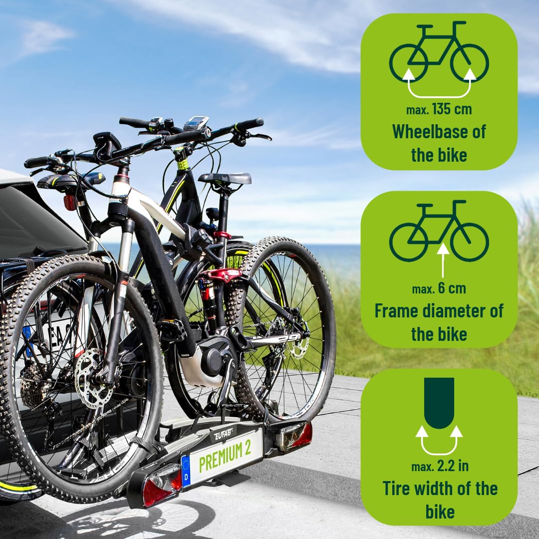Portabicicletas EUFAB Premium 2 para 2 bicicletas 11521, apto para bicicletas eléctricas, premontado, antirrobo, para enganche de remolque, negro y plateado
