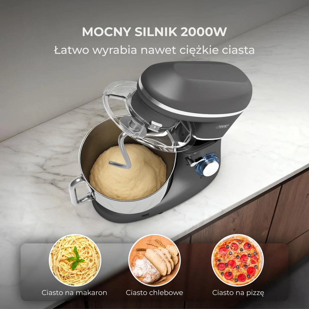 Robot kuchenny - 2000 W - miska do mieszania ze stali nierdzewnej (6,2 l) - mikser kuchenny z mieszania, hakiem do zagniatania, trzepaczką i ochroną przed pryskaniem - w zestawie