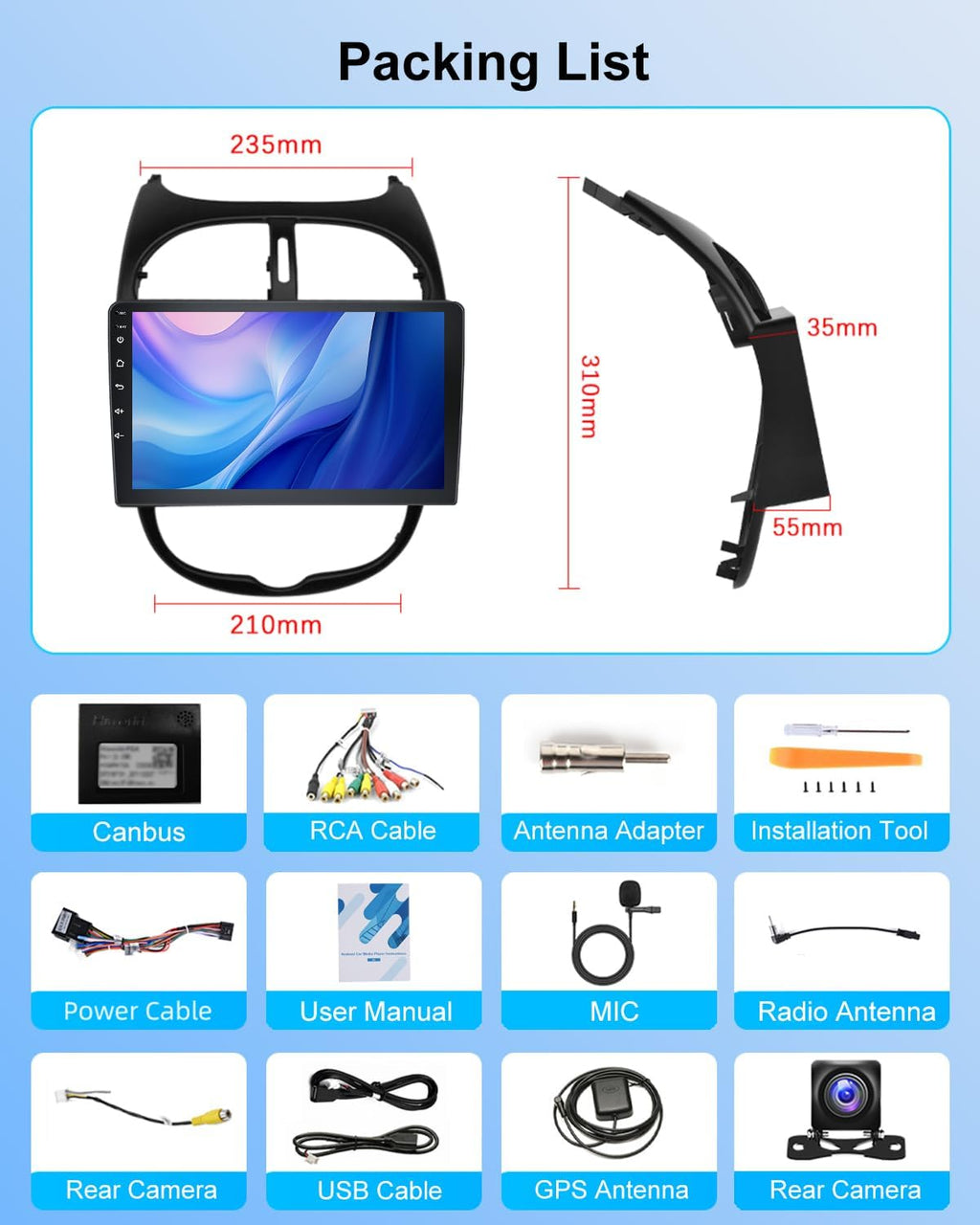Autorradio Android NHOPEEW 2G+64G para Peugeot 206/206CC 2002-2008 - Carplay inalámbrico y Android Auto - Autorradio Carplay de 9 pulgadas con WiFi, ecualizador, GPS, FM, RDS + cámara de visión trasera AHD