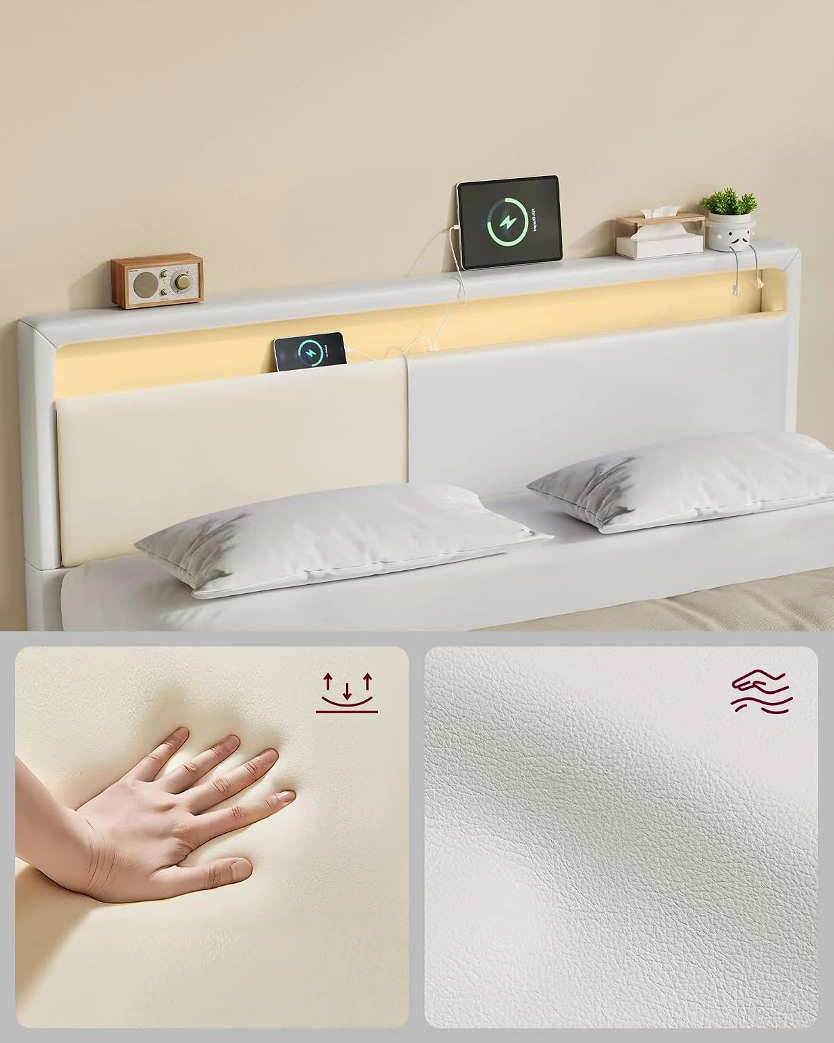 VASAGLE Nowoczesna rama podwójnego łóżka, z oświetleniem LED, 160 x 200 cm