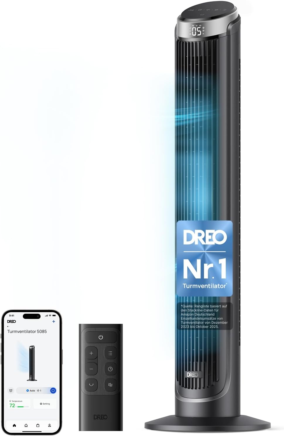 DREO Smart Turmventilator Sehr Leise, 90° Oszillierend Standventilator für Schlafzimmer, 7.9 m/s Windstärke, 5 Stufen, 4 Modi, Touch/Fernbedienung/App & Sprachsteuerung, Alexa, 12H Timer, Silber