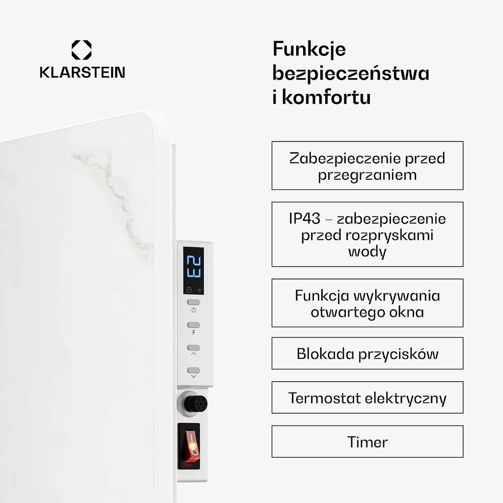 Klarstein Ogrzewanie na podczerwień 600 W – montaż na ścianie i urządzenie stojące, termostat, sterowanie aplikacją, wygląd marmuru, IP43, ochrona przed przegrzaniem, do łazienki i salonu, elektryczne