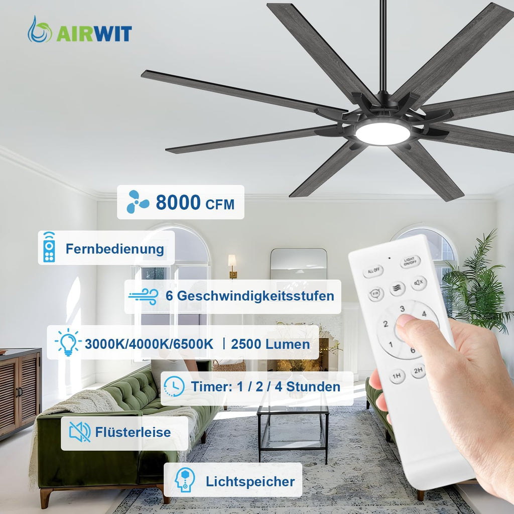 Ventilador de techo Airwit de 183 cm con luz, extra grande, de madera compuesta para exteriores, silencioso, con mando a distancia, lámpara con ventilador para terraza, industrial, habitaciones grandes
