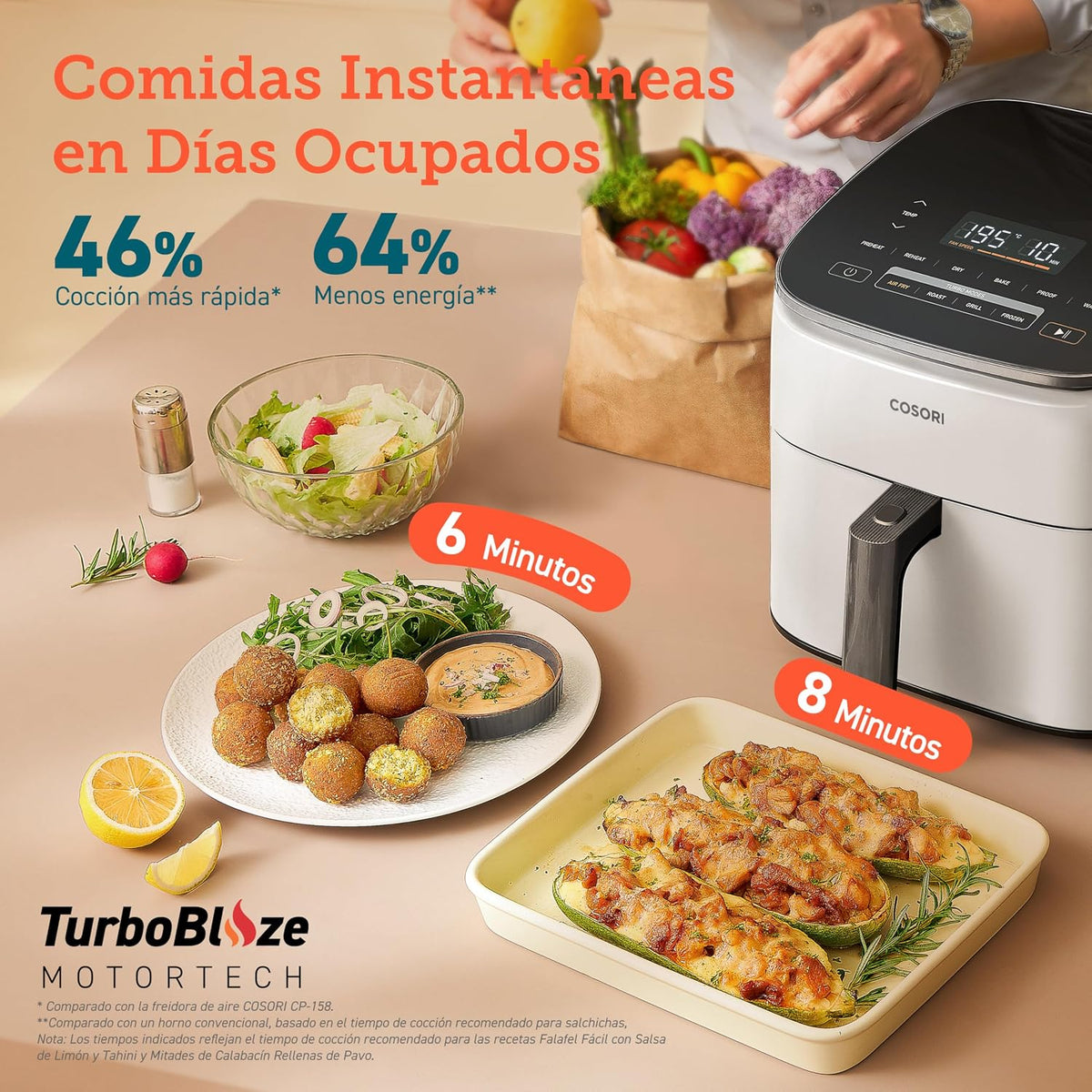 Freidora de aire COSORI Turbo Blaze, 6 l, 46% más rápida, con motor de CC, freidora sin aceite 9 en 1 con 117 recetas, apta para lavavajillas, freír, hornear, asar, deshidratar, blanca