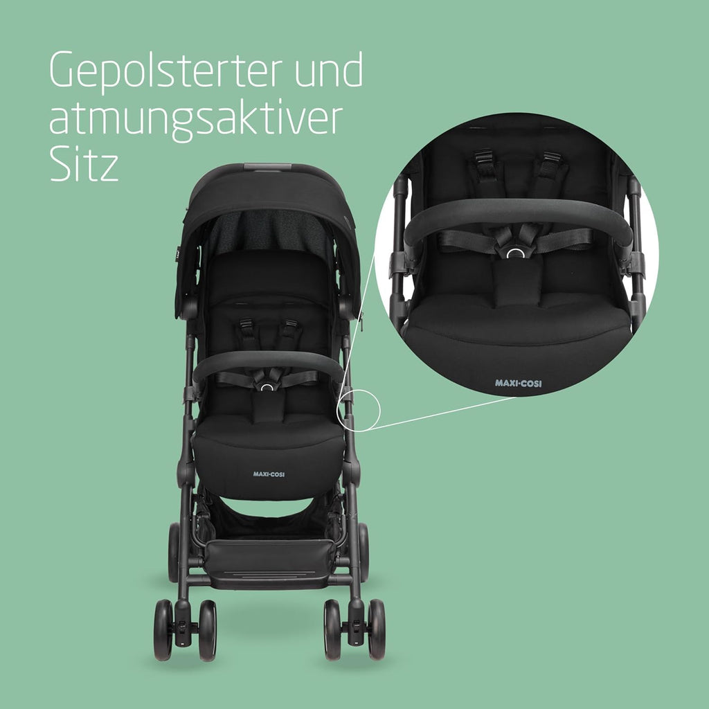 Cochecito para bebé Maxi-Cosi Lara2, 0–4 años, 0–22 kg, silla de paseo ultraligera y compacta, 3 posiciones de reclinado, posición horizontal, plegado compacto, correa para el hombro, Essential Black