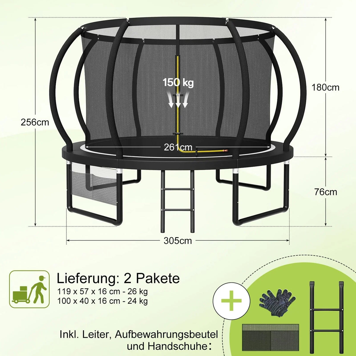 Cama elástica infantil para jardín Devoko Ø 228/305/366/427/488 cm con certificado GS, red de seguridad, forma redonda, escalera y bolsa para zapatos
