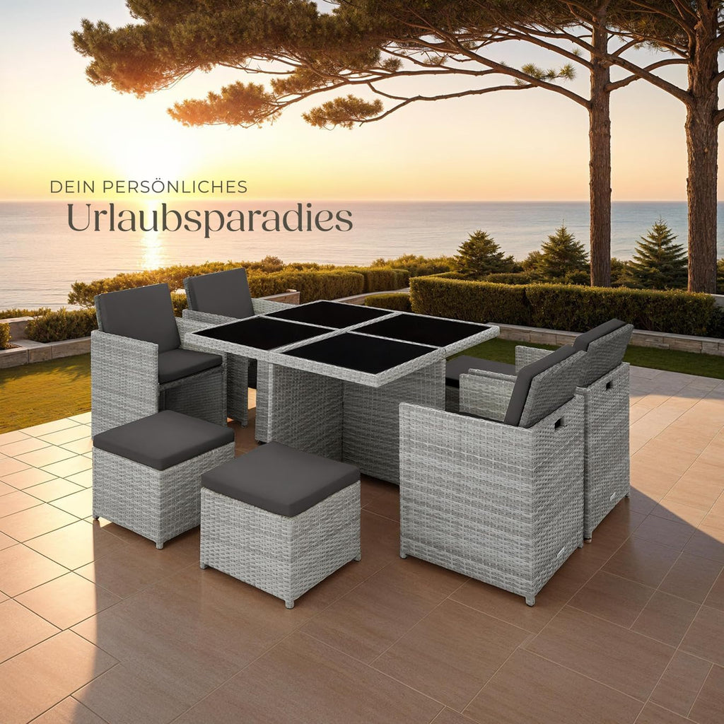 tectake® Juego de muebles de salón, 4 sillas, 4 taburetes, 1 mesa, almacenamiento en cubo que ahorra espacio, muebles de jardín de ratán para exterior, balcón, jardín y terraza, con funda y fundas de repuesto - gris claro