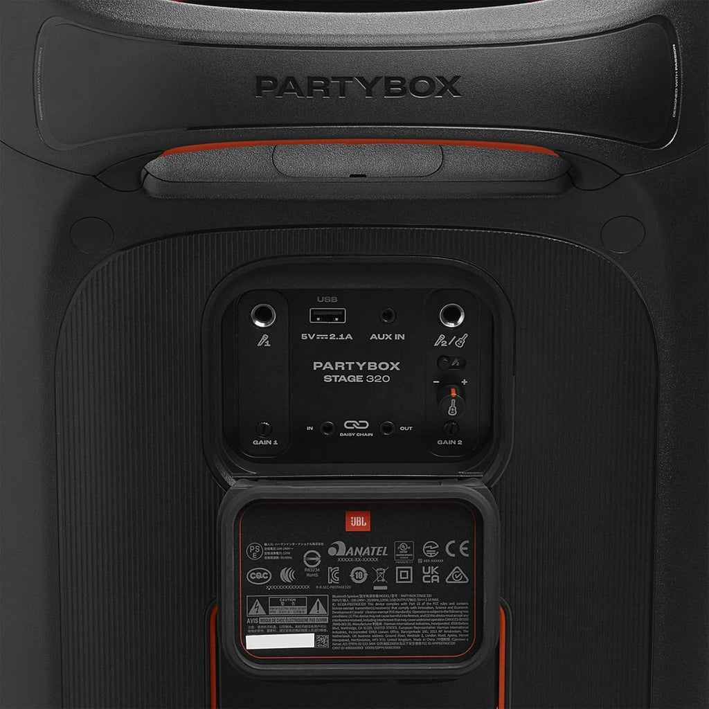 JBL Partybox Stage 120 en negro: altavoz Bluetooth portátil con sonido JBL Pro, espectáculo de luces, refuerzo de sonido con IA y asa telescópica: 12 h de autonomía