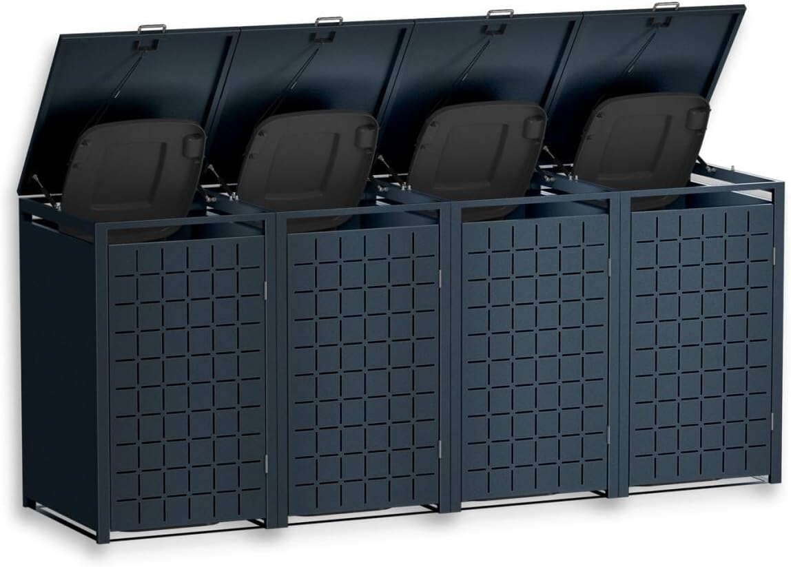 Cubo para basura Metzler para 4 contenedores de 240L, color antracita con patrón cuadrado, revestimiento metálico para 4 cubos con cierre, cuatro contenedores con recubrimiento en polvo y resistentes a la intemperie con tapa automática | Geo