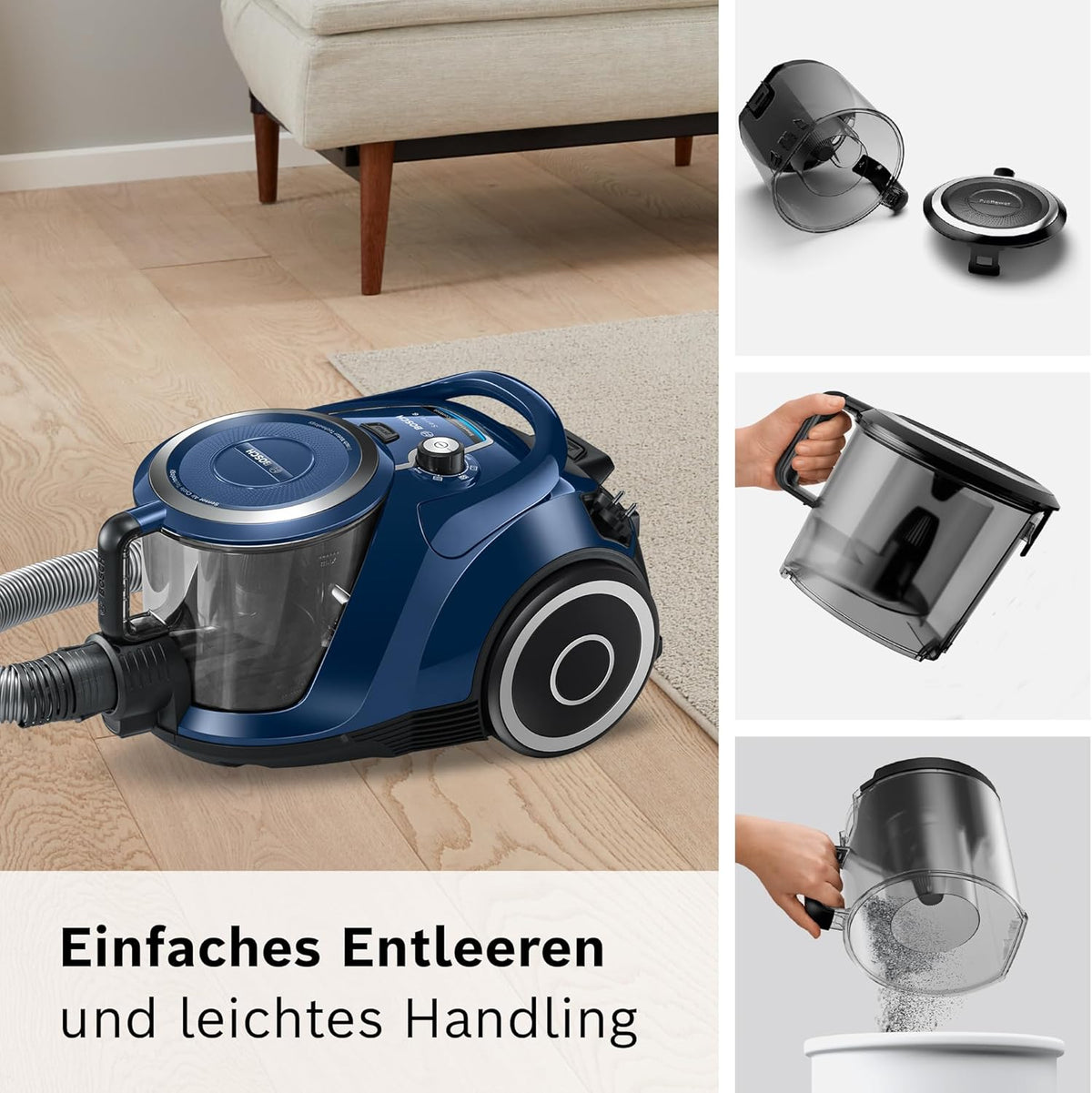Aspiradora sin bolsa Bosch Serie 6 BGC41X36, aspiradora de trineo, ideal para alérgicos, filtro higiénico, boquilla para parqué, alfombras y baldosas, gran potencia de succión, silenciosa, 700 W, azul