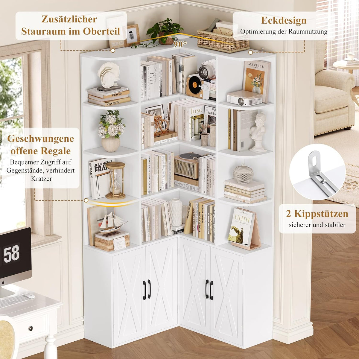 Librería FirFurd de 187 cm con puertas, estantería esquinera con 12 compartimentos, armario para libros en forma de L, vitrina de madera, armario alto, estante con puertas para salón, estudio, oficina, cocina, 187 x 80 x 80 cm, blanco