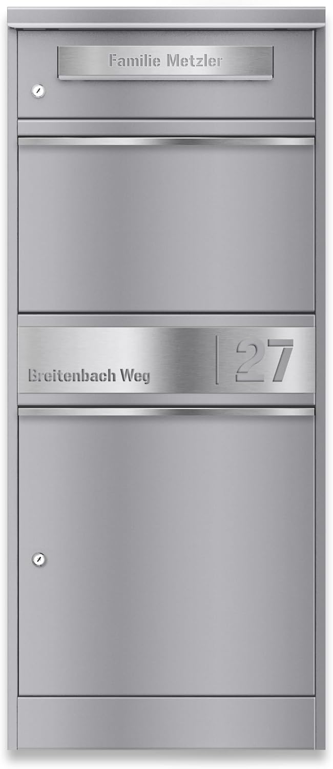 Buzón y casillero para paquetes Metzler, acero inoxidable y sólido, casillero para paquetes exterior grande XXL, buzón de pie moderno, caja para paquetes, buzón de correos en RAL 9007 aluminio gris con grabado de nombre, modelo Bispo 2