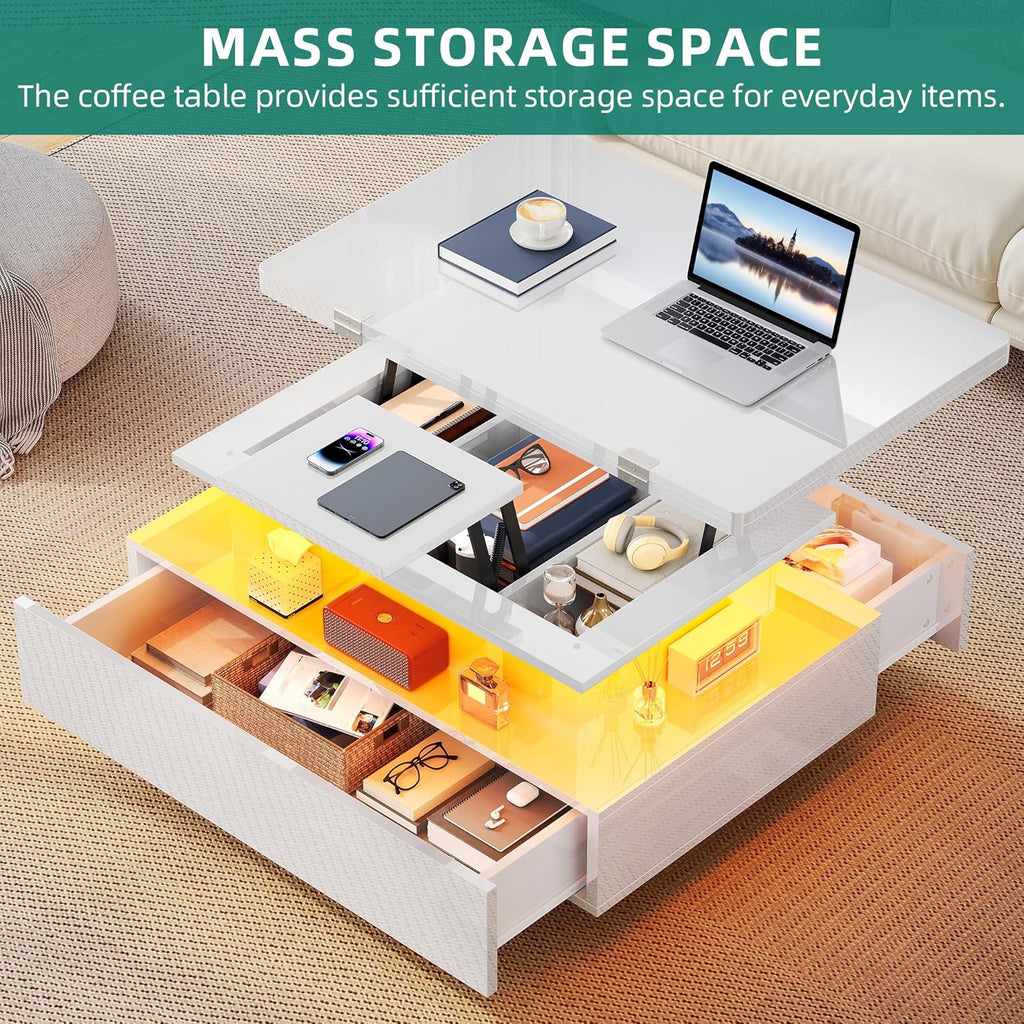 Mesa de centro elevable YITAHOME, mesa de salón de alto brillo con 2 cajones y LED, mesa de centro con compartimento oculto, mesa de café convertible en mesa de comedor