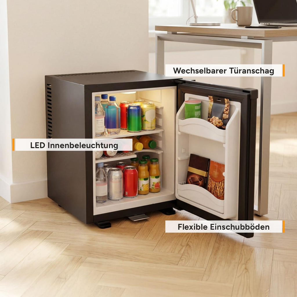 TZS First Austria - Mininevera de 30L completamente silenciosa - Pequeño minibar, puerta reversible e iluminación interior - Mininevera para camping, oficina, dormitorio y hotel - Negro mate