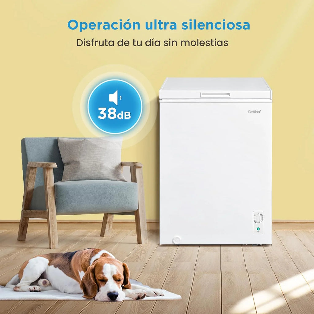 Comfee ' RCC102WH2EU(E) Wolnostojąca zamrażarka skrzyniowa 99L, konwertowalna do zamrażarki/lodówki, inwerter, 4 gwiazdki, nadaje się do garaży, biała [klasa energetyczna E]