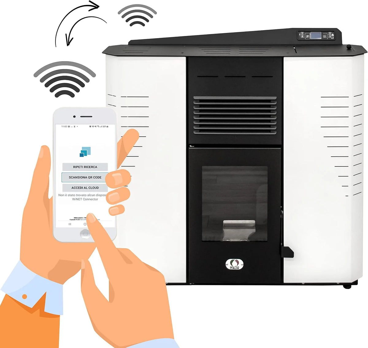 STUFE A PELLET ITALIA - Marmolada 14 kW Kanał WIFI - Wydajność 92%, Nagrzewa 130 m², 5 prędkości i mocy, autonomia 19 h, programowalny, 24 miesiące , BIAŁY