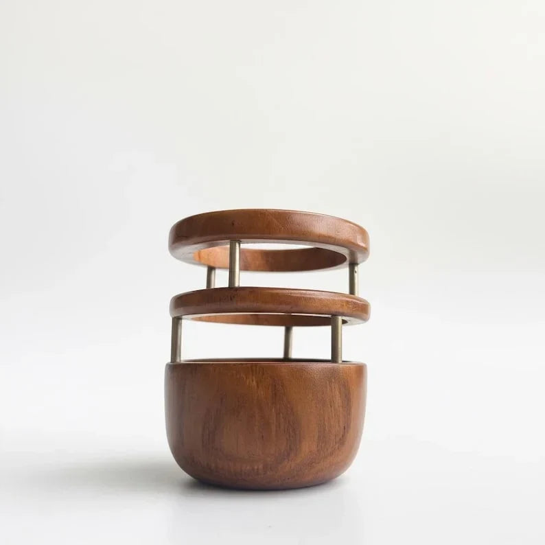 Portalápices de madera de teca, organizador de escritorio hecho a mano, diseño redondo, 9,5 cm de diámetro, oficina y hogar