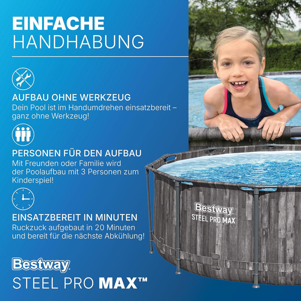 Piscina desmontable redonda Bestway 366x100 cm, set con bomba de filtrado, aspecto madera | 9.150 L, material TriTech de 3 capas, fondo con aspecto de mosaico de guijarros, incluye bomba de filtrado y escalera