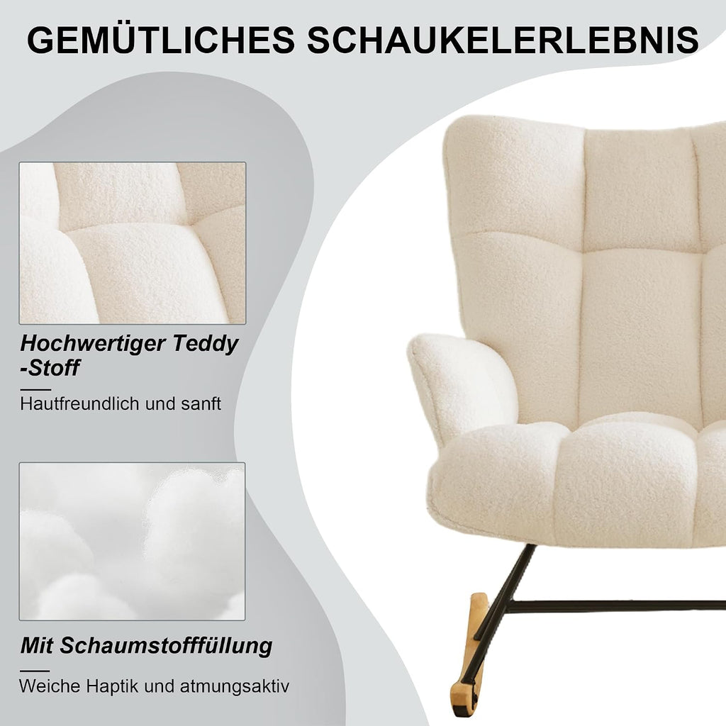 Sillón mecedora de lactancia con reposabrazos, silla de lactancia acolchada, sillón relax para salón y habitación infantil, capacidad de carga hasta 136 kg, color marfil