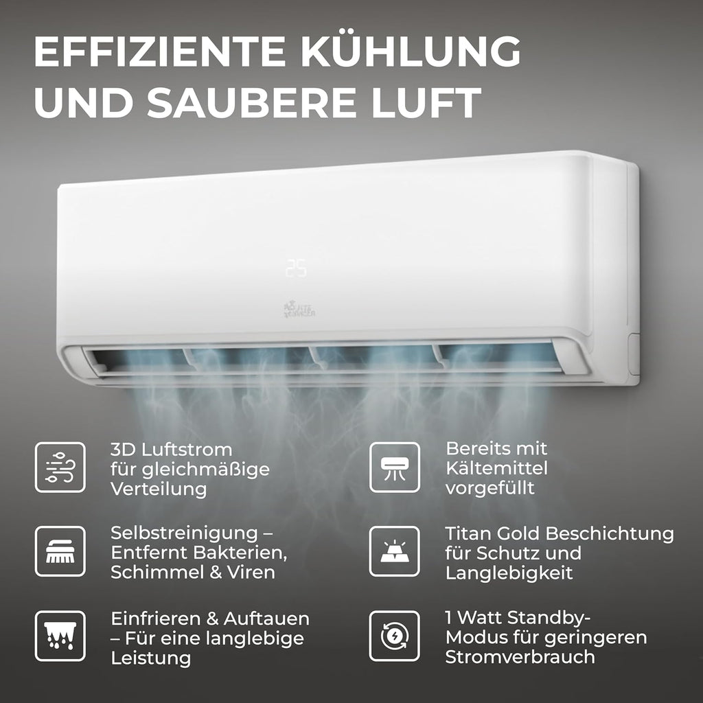 Aire acondicionado split Kältebringer A+++ R290 12000 BTU (3,7 kW) - con función de calefacción, WiFi y App, hasta 60 m², muy silencioso, tubería de cobre de 5 m, refrigerante R290, material de montaje, soporte de pared