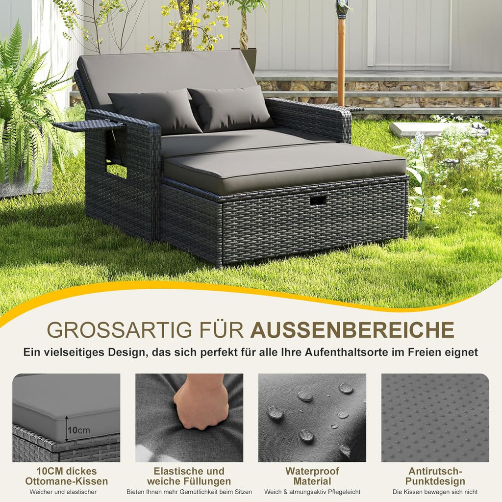 Muebles de salón de ratán para exteriores UDPATIO, muebles de balcón, sofá de jardín con taburete, sofá de ratán con espacio de almacenamiento, cama de jardín ajustable de 2 plazas para terraza, balcón, jardín, gris jaspeado y fundas gris oscuro