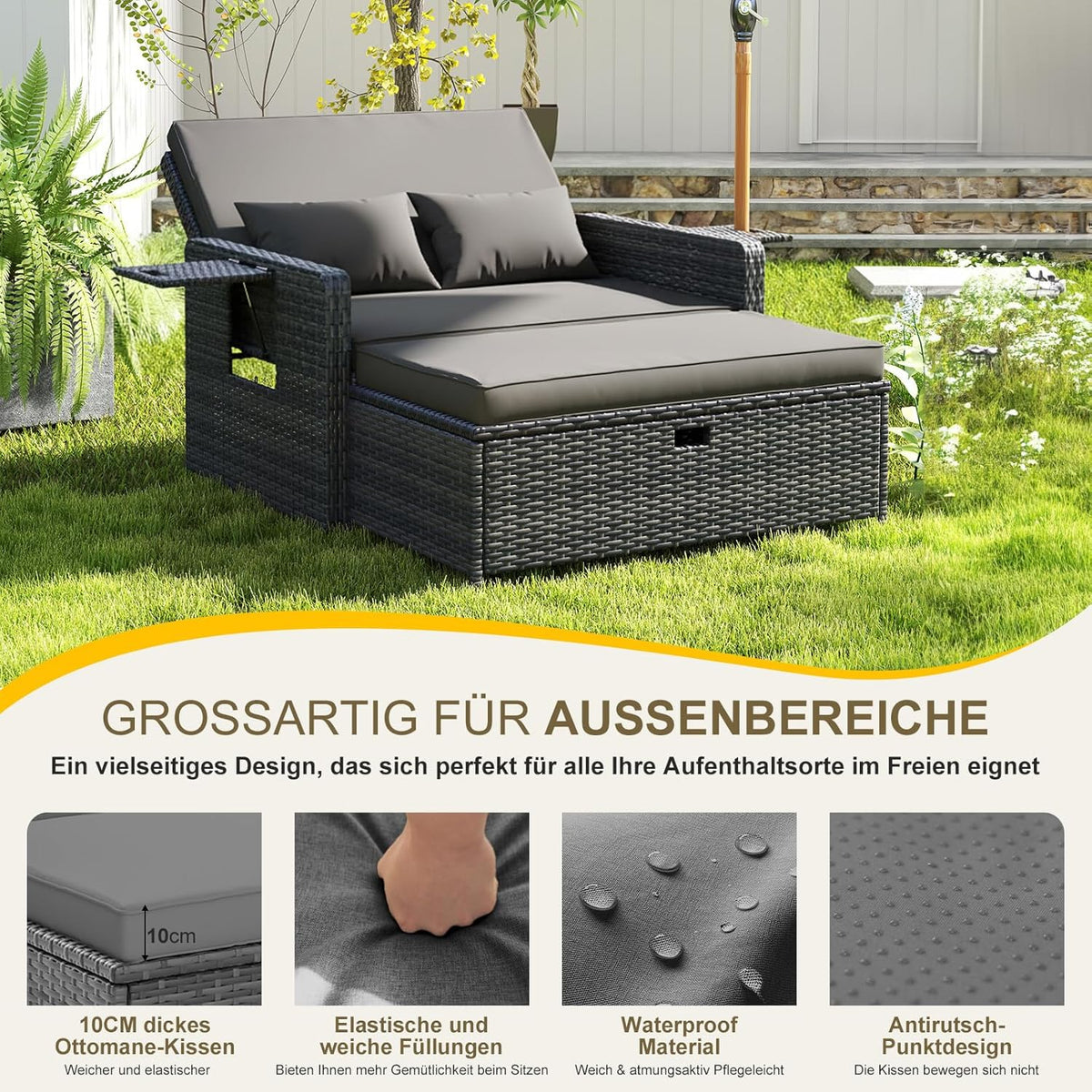 Muebles de salón de ratán para exteriores UDPATIO, muebles de balcón, sofá de jardín con taburete, sofá de ratán con espacio de almacenamiento, cama de jardín ajustable de 2 plazas para terraza, balcón, jardín, gris jaspeado y fundas gris oscuro