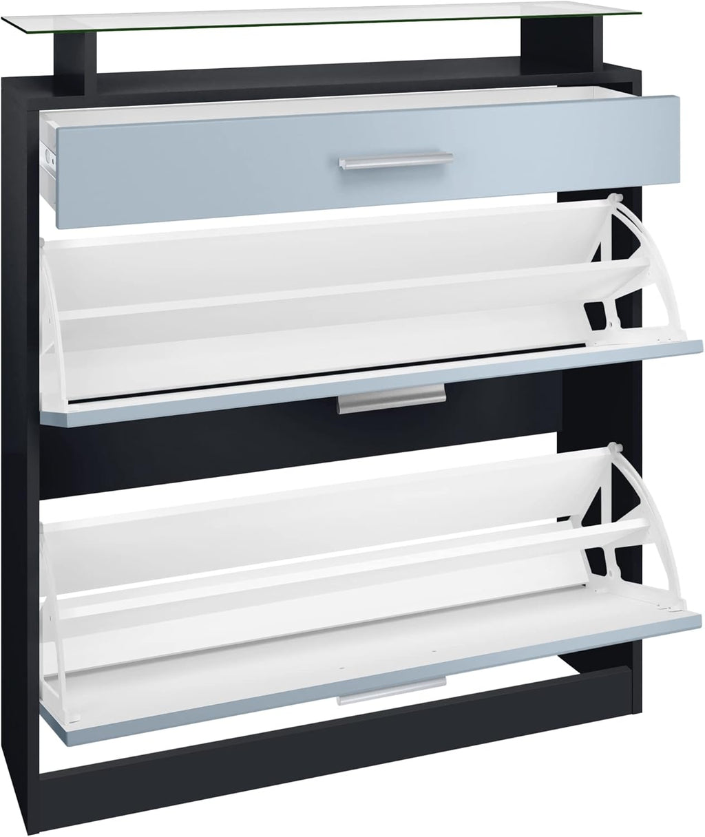 Zapatero Vladon Loret, mueble basculante para 16 pares de zapatos con 2 puertas abatibles, 1 cajón y estante de cristal, negro mate/gris alto brillo (89 x 104 x 23 cm)