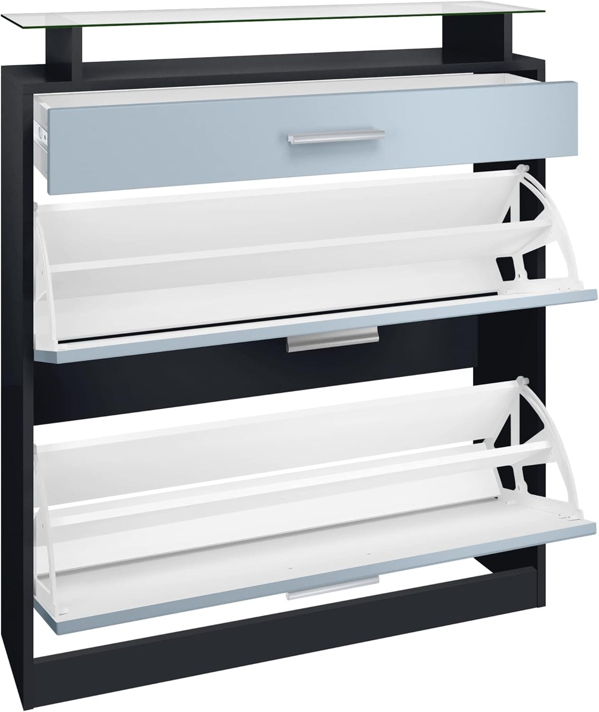 Zapatero Vladon Loret, mueble basculante para 16 pares de zapatos con 2 puertas abatibles, 1 cajón y estante de cristal, negro mate/gris alto brillo (89 x 104 x 23 cm)