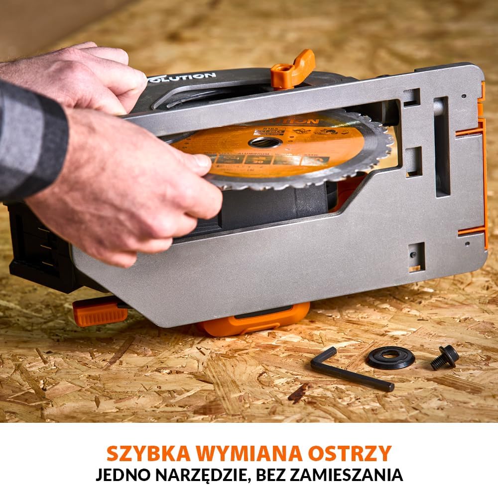 Evolution Power Tools R185CCS-Li Pilarka tarczowa akumulatorowa bezszczotkowa 18 V Li-Ion z tarczą do wielu materiałów, do cięcia drewna, metalu, plastiku, z prowadnicą, bez akumulatora, 185 mm