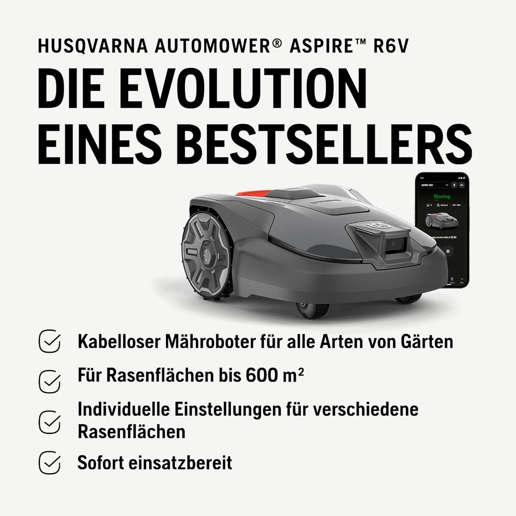 HUSQVARNA Automower Aspire R6V - Robot cortacésped sin cable delimitador, detección de objetos por IA Vision, navegación por GPS, control por aplicación Wi-Fi, patrones de corte sistemáticos, zonas virtuales, hasta 600 m2