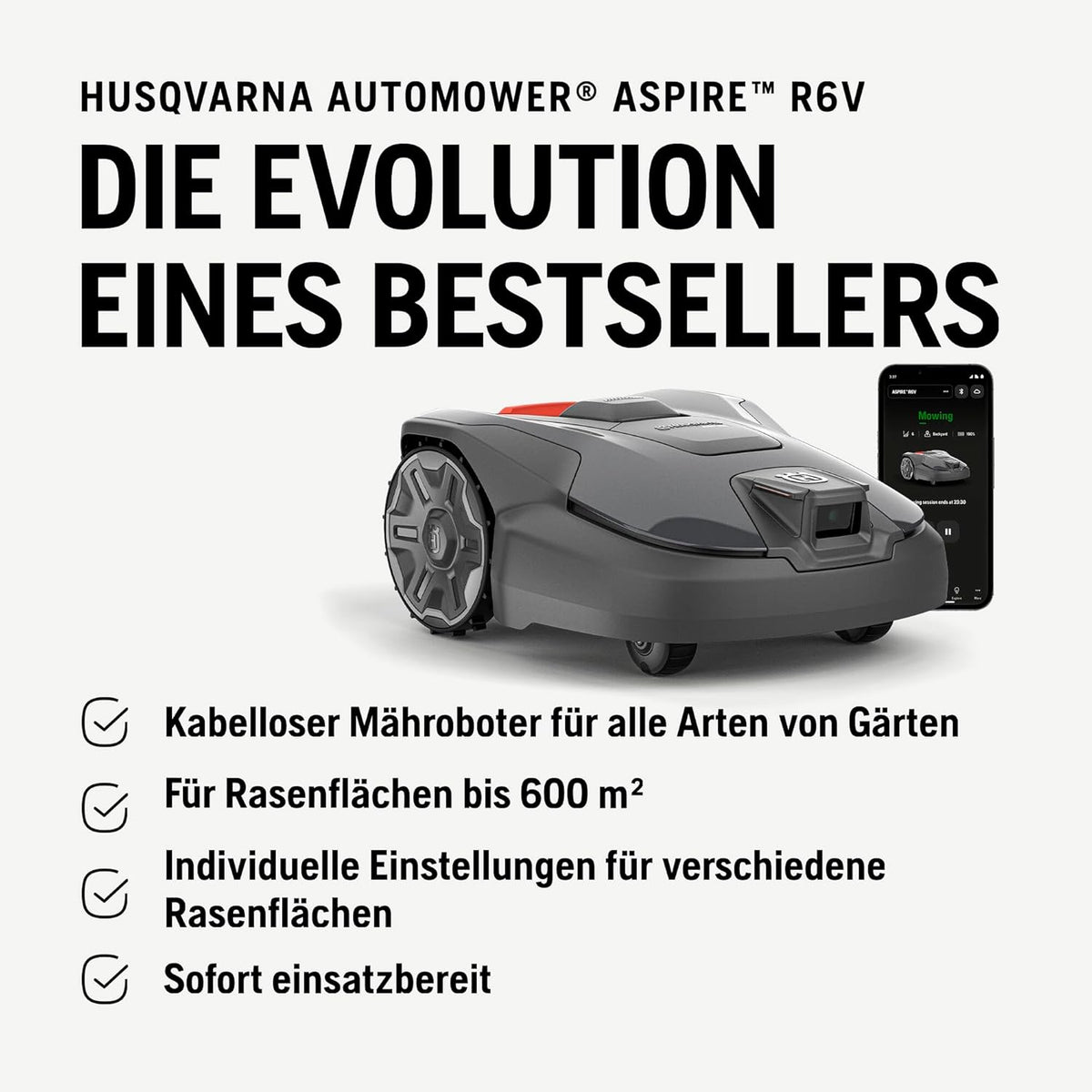 HUSQVARNA Automower Aspire R6V - Robot cortacésped sin cable delimitador, detección de objetos por IA Vision, navegación por GPS, control por aplicación Wi-Fi, patrones de corte sistemáticos, zonas virtuales, hasta 600 m2