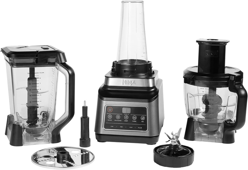 Procesador de alimentos y licuadora 3 en 1 Ninja con 5 programas: Mezclar, Mezcla máxima, Picar, Licuar, Triturar, recipiente de 1,8 L, jarra de 2,1 L, vaso de 700 ml, 1200 W, apto para lavavajillas, Auto-iQ, negro BN800EU