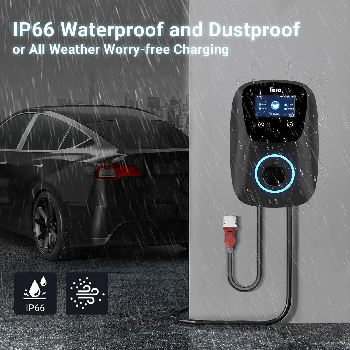 Cargador de vehículo eléctrico inteligente Tera Wallbox Tipo 2 con APP 11kW 16A 400V CE&TÜV, WiFi y Bluetooth, cable de carga de 7m con soporte, Wallbox para el hogar, enchufe CEE trifásico para EV y PHEV W01 Negro