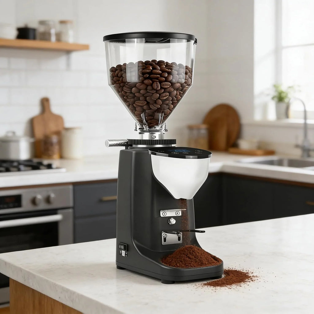 Młynek do espresso, elektryczny młynek do kawy, 19 ustawień, młynek do ziaren ze stali nierdzewnej z cyfrowym panelem dotykowym i kontrolą porcji do espresso, drip Black