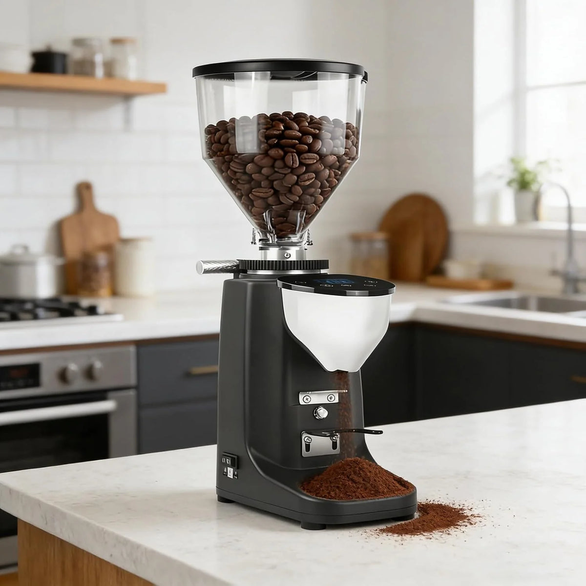Młynek do espresso, elektryczny młynek do kawy, 19 ustawień, młynek do ziaren ze stali nierdzewnej z cyfrowym panelem dotykowym i kontrolą porcji do espresso, drip Black