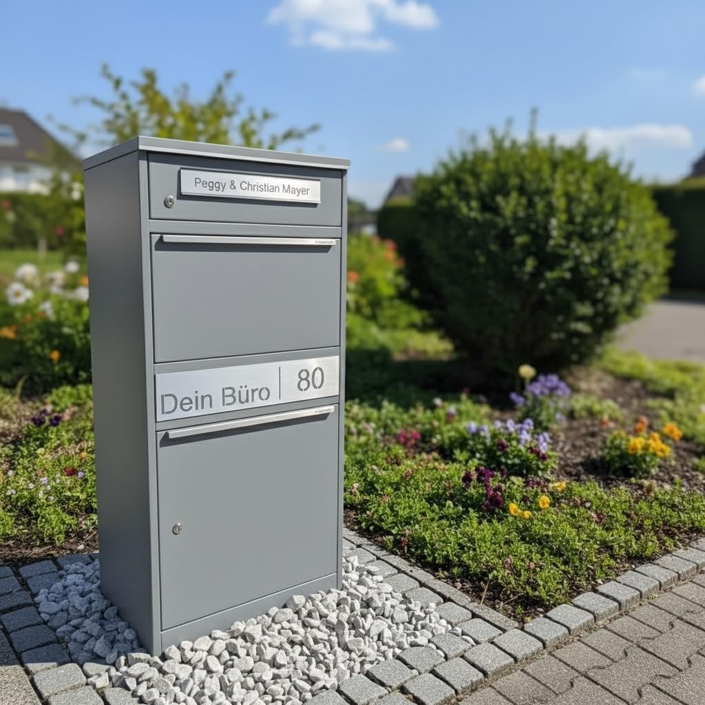 Buzón y casillero para paquetes Metzler, acero inoxidable y sólido, casillero para paquetes exterior grande XXL, buzón de pie moderno, caja para paquetes, buzón de correos en RAL 9007 aluminio gris con grabado de nombre, modelo Bispo 2