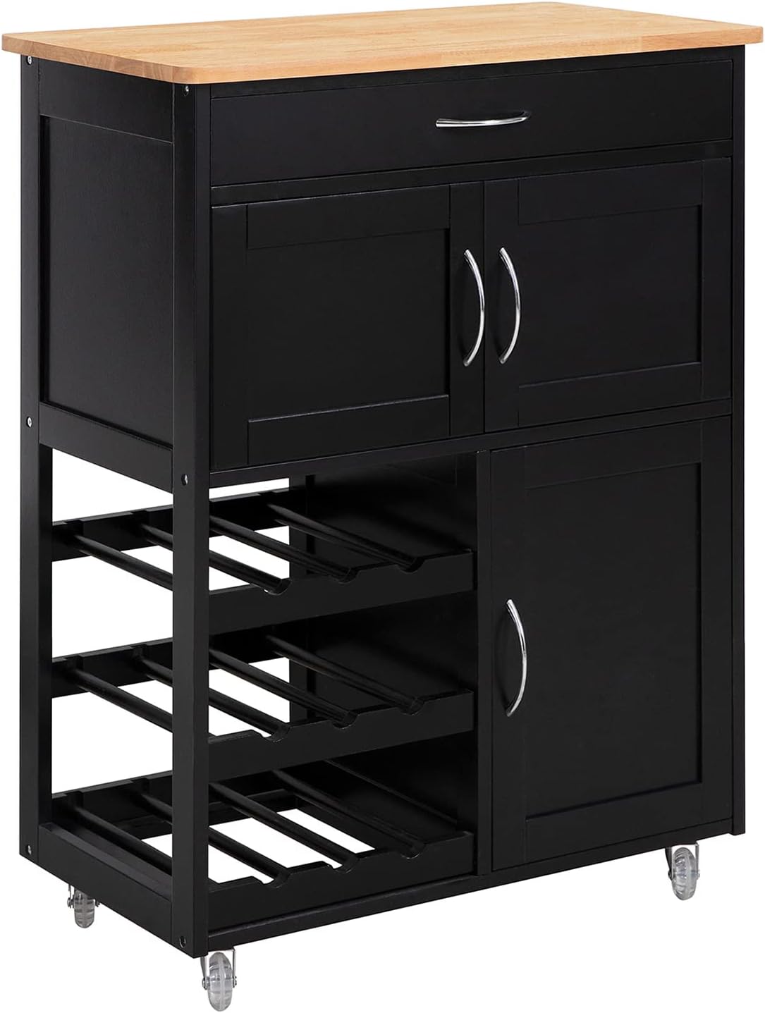 SoBuy Carrito de servicio con ruedas, carrito de cocina con encimera, carrito auxiliar con cajones, botellero, isla de cocina, estante de cocina de pie, mueble para cocina, comedor y exterior, negro, 67x86x38 cm, FKW45-SCH
