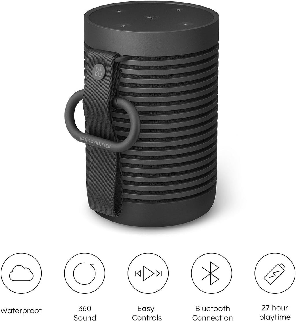 Bang & Olufsen Beosound Explore – Altavoz Bluetooth inalámbrico portátil para exteriores, hogar y viajes, 27 horas de autonomía, resistente al agua, sonido 360° + cable de carga USB-C – Negro antracita