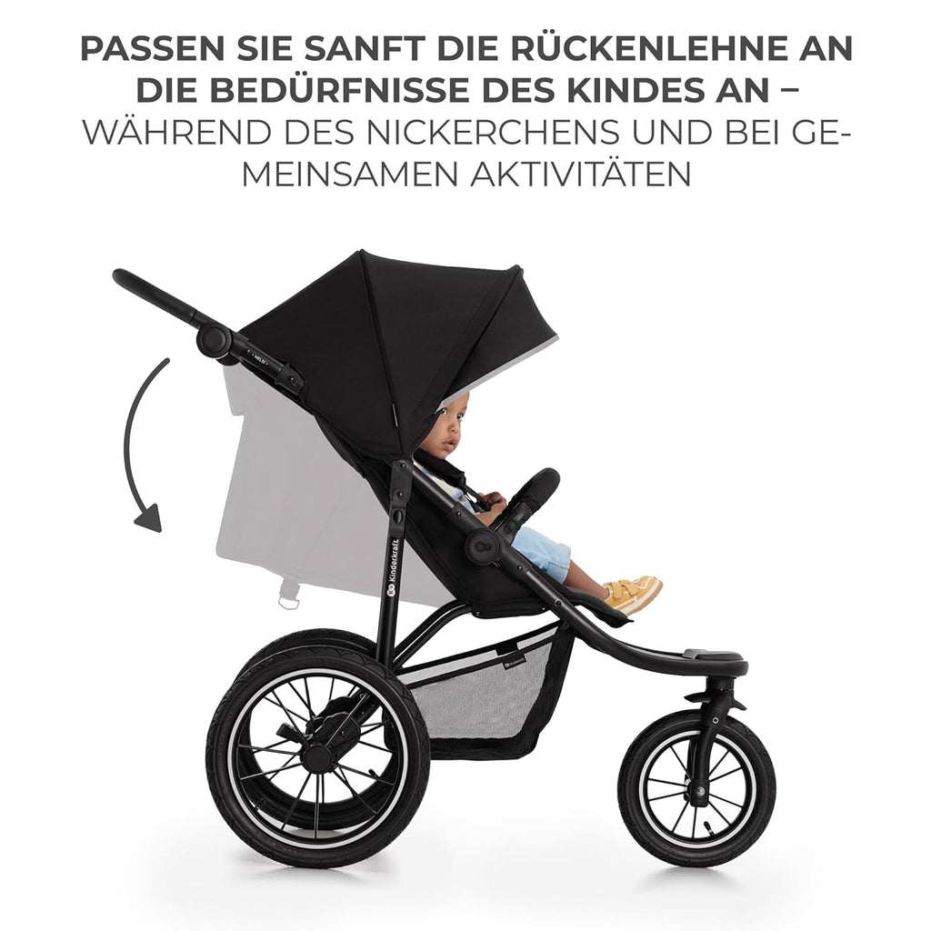 Kinderkraft HELSI 2 Silla de paseo hasta 27 kg, cochecito desde el nacimiento, silla de paseo para correr con grandes ruedas neumáticas, función de reclinado, asa parental ajustable, plegable, cesta debajo del asiento, negro