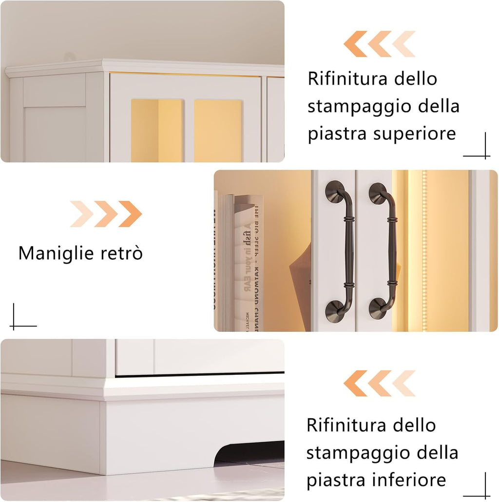 LUXOAK Vitrina con iluminación LED y tiradores retro, armario alto blanco de 180 cm, 6 puertas con ventanas acrílicas y 8 estantes, armario moderno para salón y cocina
