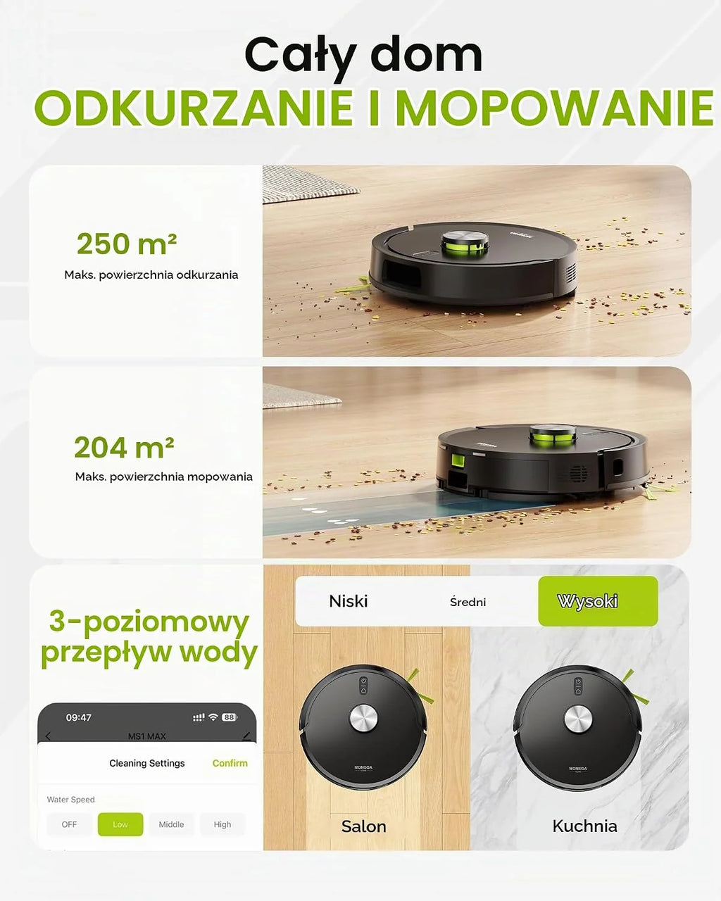 MONSGA Robot Odkurzacz 8000Pa, robot odkurzający i szorujący ze stacją samoczyszczącą 4L, płytą ochronną, nawigacją LDS, podwójna funkcja zapobiegania plątaniu włosów i sierści zwierząt, aplikacja