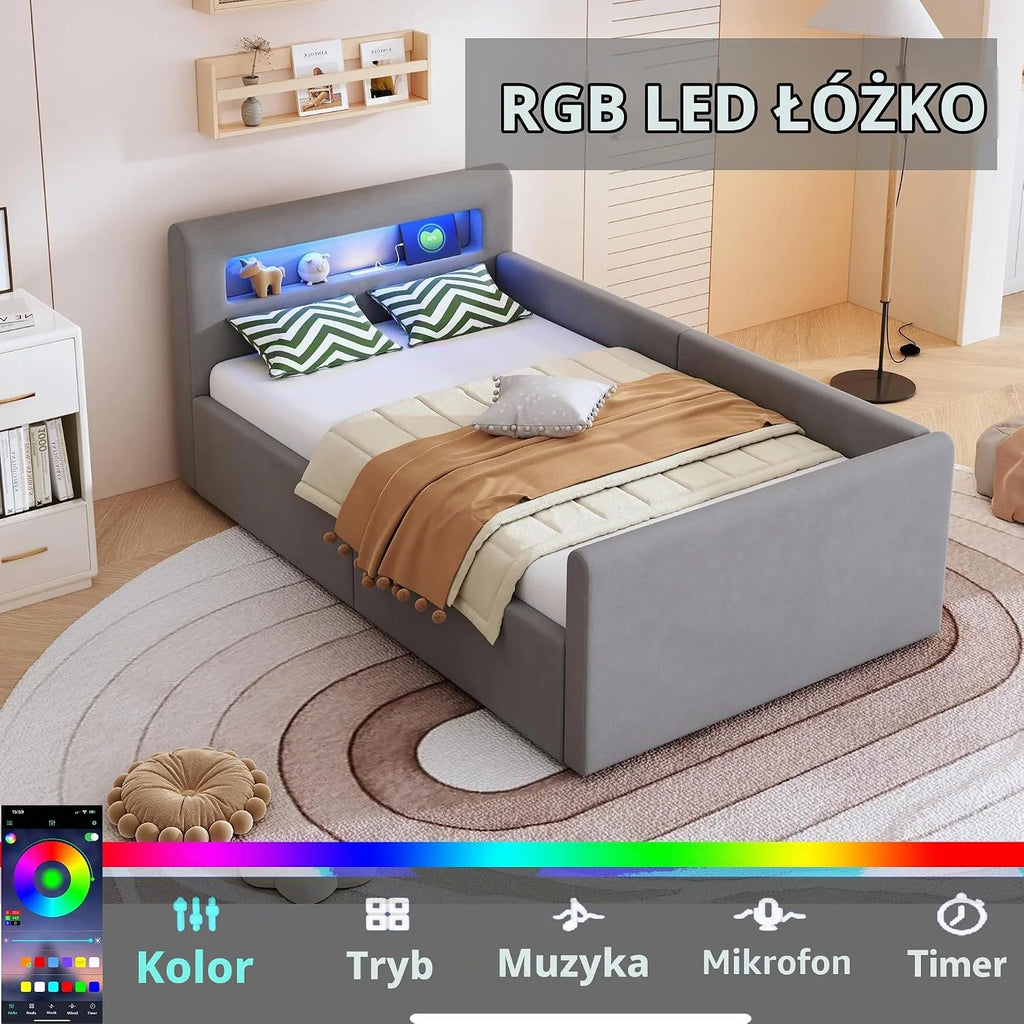Dolamaní Nowoczesne łóżko młodzieżowe 90 x 200 cm, tapicerowane ze stelażem i schowkiem, zagłówek aksamitny, nocna lampka LED i ładowarka USB